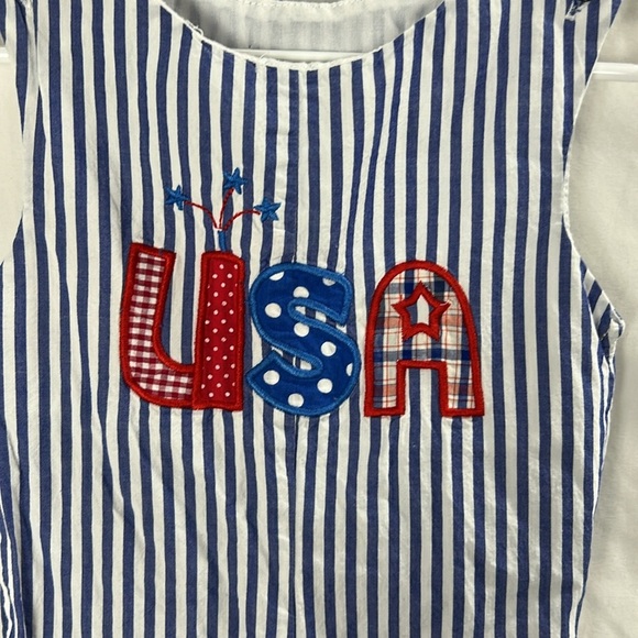 Lil Cactus Blue and White Striped USA Patriotic Applique Jumpsuit -Size 18-24m - Picture 2 of 5